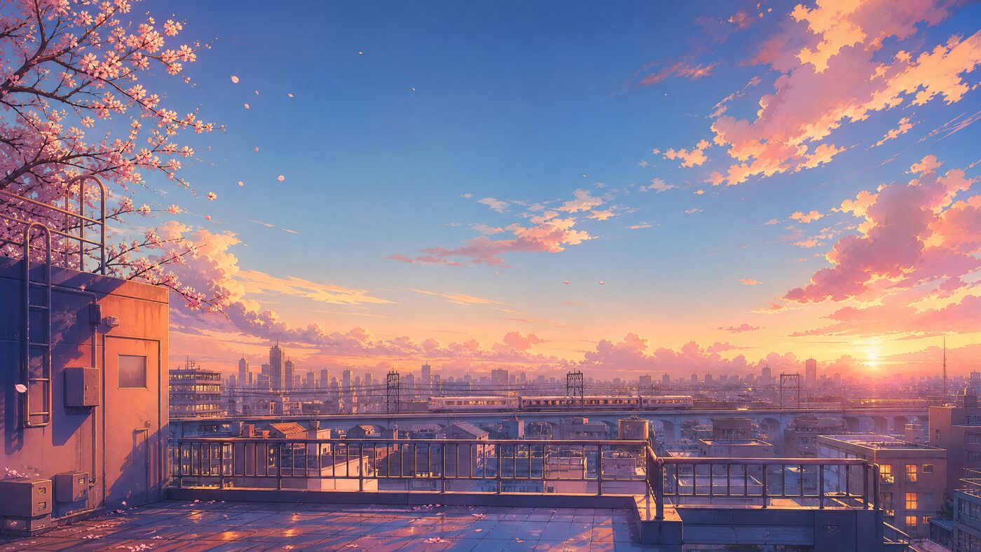 Original anime-inspired rooftop backdrop with cherry blossoms at golden hour